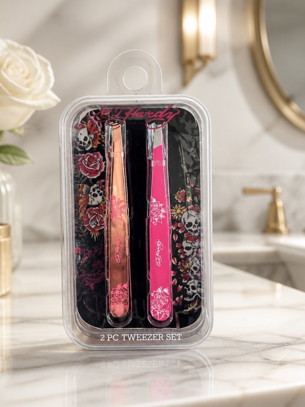 Ed Hardy 2-Piece Tweezer Set Pink & Rose Gold Floral Skull Design
